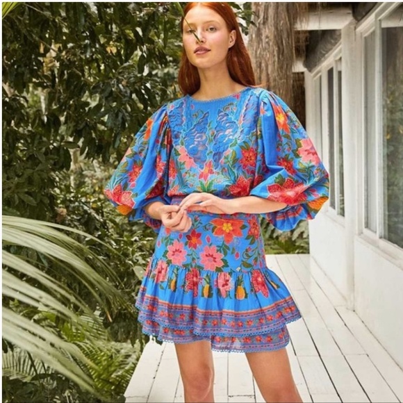 Farm Rio Blue Tropical Tapestry Floral Mini Skirt (Small) - Picture 3 of 9